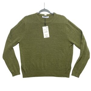 Zara Sweater Mens XL Olive Green Long Sleeve Knit Cotton Linen Pullover
